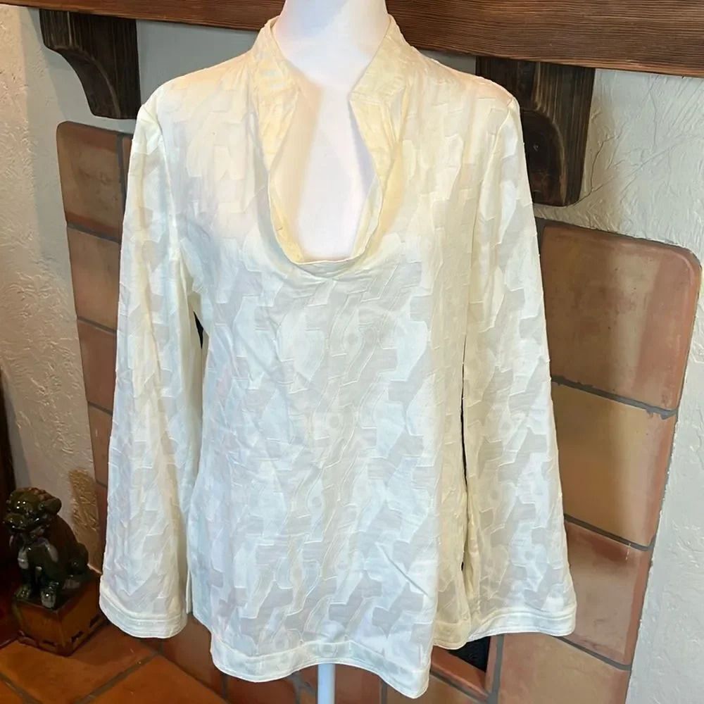 Tory Burch 100% Cotton Cream Jacquard Caftan Style Side Slit Blouse, size 10